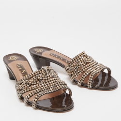 Pre Owned Gina Metallic Bronze Leather Crystal Embellished Slide Sandals Size 39