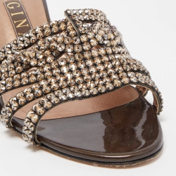 Pre Owned Gina Metallic Bronze Leather Crystal Embellished Slide Sandals Size 39