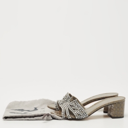 مملوكة مسبقًا Gina Olive Green Croc Embossed Patent Crystal Embellished Loren Slide Sandals Size 38.5