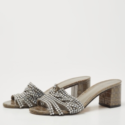مملوكة مسبقًا Gina Olive Green Croc Embossed Patent Crystal Embellished Loren Slide Sandals Size 38.5