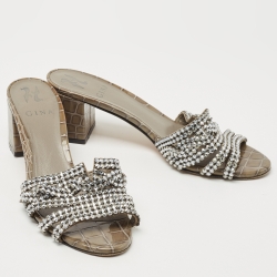 مملوكة مسبقًا Gina Olive Green Croc Embossed Patent Crystal Embellished Loren Slide Sandals Size 38.5