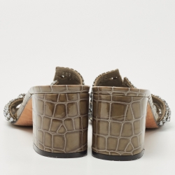 مملوكة مسبقًا Gina Olive Green Croc Embossed Patent Crystal Embellished Loren Slide Sandals Size 38.5