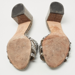 مملوكة مسبقًا Gina Olive Green Croc Embossed Patent Crystal Embellished Loren Slide Sandals Size 38.5