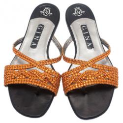 Pre Owned Gina Bronze Crystal Black Flat Slides Size 40