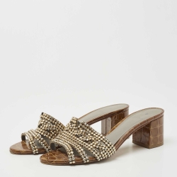 Pre Owned Gina Brown Croc Embossed Leather Crystal Embellished Slides Size 40