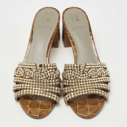 Pre Owned Gina Brown Croc Embossed Leather Crystal Embellished Slides Size 40