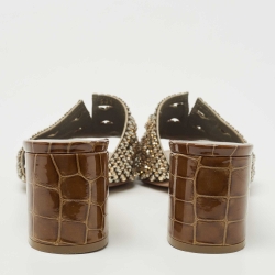 Pre Owned Gina Brown Croc Embossed Leather Crystal Embellished Slides Size 40