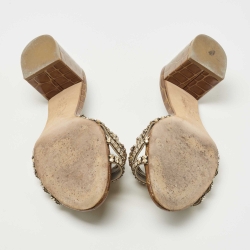 Pre Owned Gina Brown Croc Embossed Leather Crystal Embellished Slides Size 40