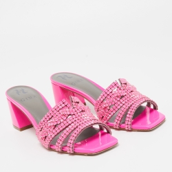 Pre Owned Gina Pink Patent Leather Crystal Embellished Slide Sandals Size 38
