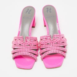 Pre Owned Gina Pink Patent Leather Crystal Embellished Slide Sandals Size 38