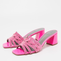 Pre Owned Gina Pink Patent Leather Crystal Embellished Slide Sandals Size 38