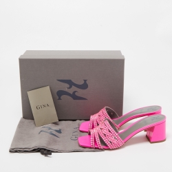 Pre Owned Gina Pink Patent Leather Crystal Embellished Slide Sandals Size 38