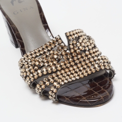 Gina Brown Croc Embossed Patent Leather Crystal Embellished Slides Size 39