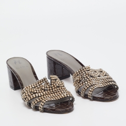 Gina Brown Croc Embossed Patent Leather Crystal Embellished Slides Size 39