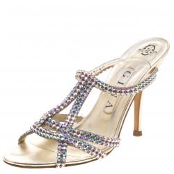 Pre Owned صندل سلايد جينا جلد ذهبي مرصع بالكريستالات مقاس 37.5