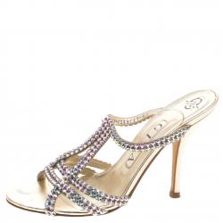 Pre Owned صندل سلايد جينا جلد ذهبي مرصع بالكريستالات مقاس 37.5