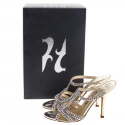 Pre Owned صندل سلايد جينا جلد ذهبي مرصع بالكريستالات مقاس 37.5