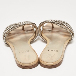 Gina Silver Leather Crystal Embellished Flat Slides Size 39