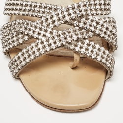 Gina Silver Leather Crystal Embellished Flat Slides Size 39