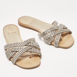 Gina Silver Leather Crystal Embellished Flat Slides Size 39