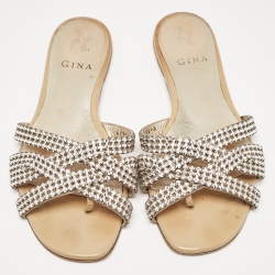 Gina Silver Leather Crystal Embellished Flat Slides Size 39