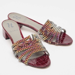 Pre Owned Gina Two Tone Crystal Embellished Leather Rodeo Slide Sandals Size 38