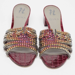 Pre Owned Gina Two Tone Crystal Embellished Leather Rodeo Slide Sandals Size 38