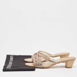 Pre Owned Gina Beige Patent Leather Crystals Embellished Slide Sandals Size 39.5 