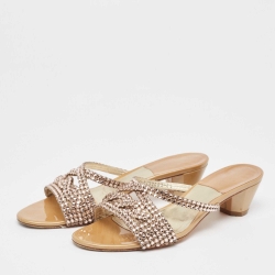 Pre Owned Gina Beige Patent Leather Crystals Embellished Slide Sandals Size 39.5 