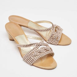 Pre Owned Gina Beige Patent Leather Crystals Embellished Slide Sandals Size 39.5 
