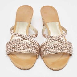 Pre Owned Gina Beige Patent Leather Crystals Embellished Slide Sandals Size 39.5 