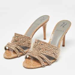 Pre Owned Gina Loren Brown Croc Embossed Patent Leather Slide Sandals Size 39