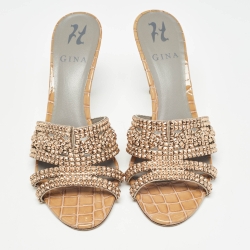 Pre Owned Gina Loren Brown Croc Embossed Patent Leather Slide Sandals Size 39