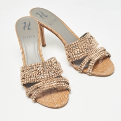 Pre Owned Gina Loren Brown Croc Embossed Patent Leather Slide Sandals Size 39