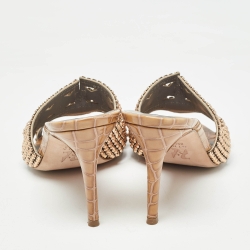 Pre Owned Gina Loren Brown Croc Embossed Patent Leather Slide Sandals Size 39