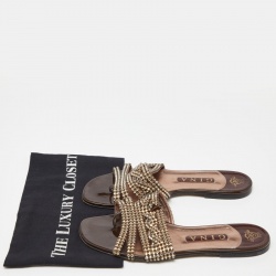 Pre Owned Gina Brown Patent Leather Crystal Embellished Flat Slides Size 40