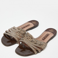 Pre Owned Gina Brown Patent Leather Crystal Embellished Flat Slides Size 40
