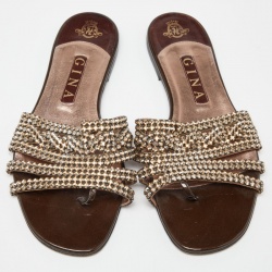 Pre Owned Gina Brown Patent Leather Crystal Embellished Flat Slides Size 40