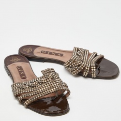 Pre Owned Gina Brown Patent Leather Crystal Embellished Flat Slides Size 40