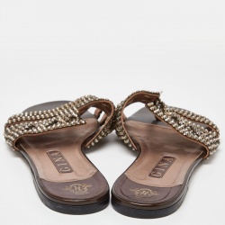 Pre Owned Gina Brown Patent Leather Crystal Embellished Flat Slides Size 40