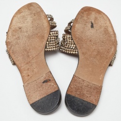 Pre Owned Gina Brown Patent Leather Crystal Embellished Flat Slides Size 40