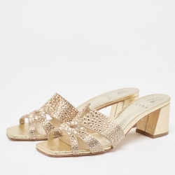 Pre Owned Gina Gold Crystal Embellished Leather Slide Sandals Size 39