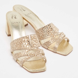 Pre Owned Gina Gold Crystal Embellished Leather Slide Sandals Size 39