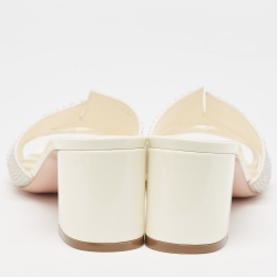 Pre Owned Gina Cream Crystal Embellished Leather Orsay Block Heel Slide Sandals Size 39