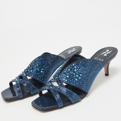Pre Owned Gina Blue Satin Crystal Embellished Slide Sandals Size 40