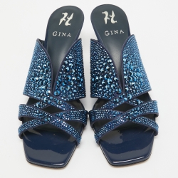 Pre Owned Gina Blue Satin Crystal Embellished Slide Sandals Size 40