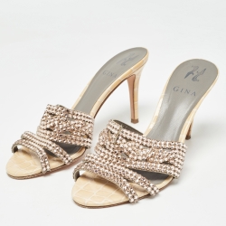 Pre Owned Gina Pink/Beige Crystal Embellished Leather Open Toe Slide Sandals Size 38