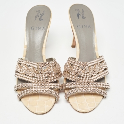 Pre Owned Gina Pink/Beige Crystal Embellished Leather Open Toe Slide Sandals Size 38