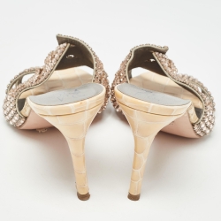 Pre Owned Gina Pink/Beige Crystal Embellished Leather Open Toe Slide Sandals Size 38