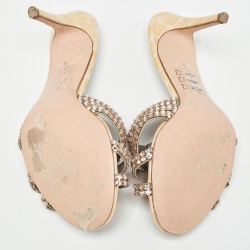 Pre Owned Gina Pink/Beige Crystal Embellished Leather Open Toe Slide Sandals Size 38